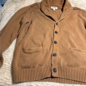 Goodthreads Tan Shawl Collar Cardigan one spot on 4th button